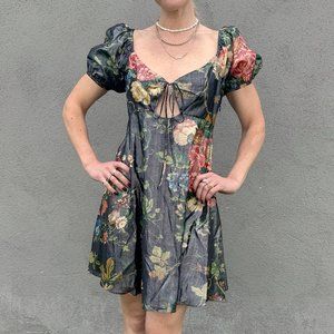 Staud Camilla mini dress, metallic floral with puff sleeves